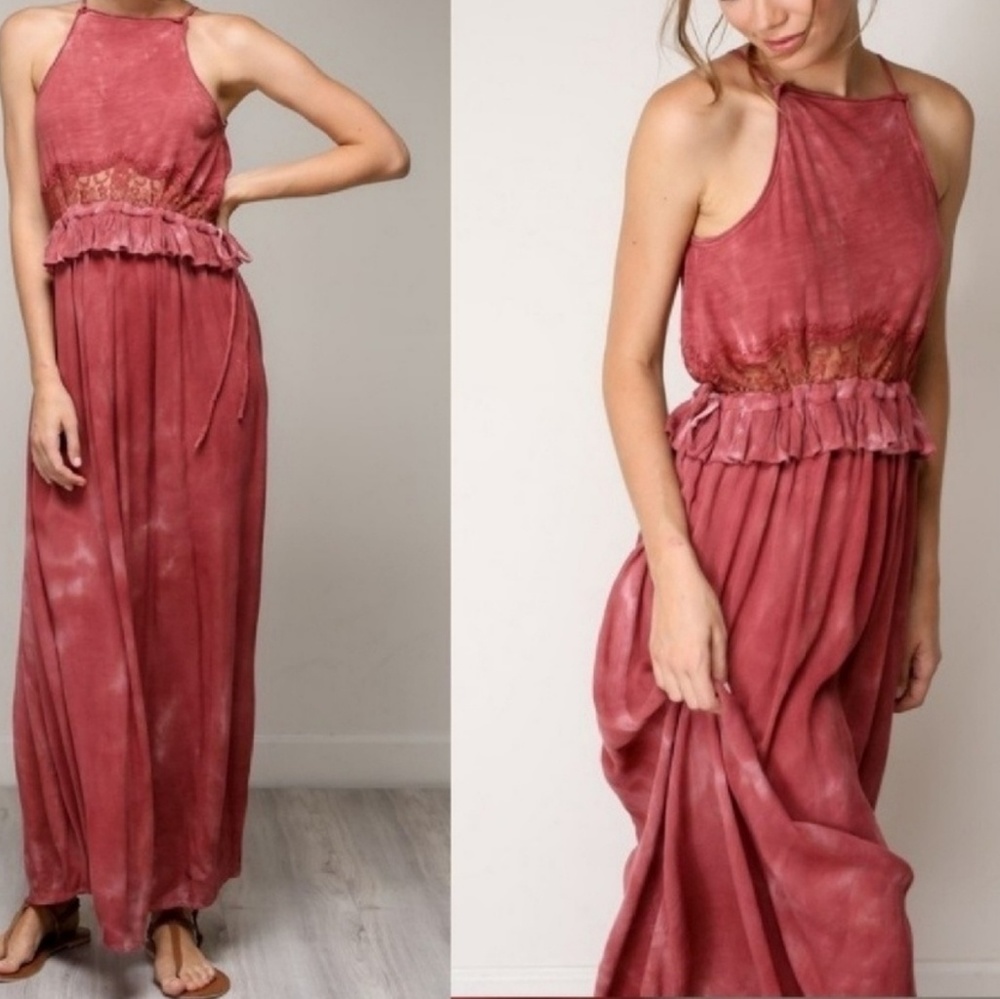 MARINA Maxi Dress High Neck Sleeveless Cotton Mineral Wash Lace Ruffle Sz SM NWT